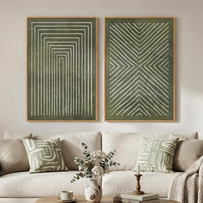 Large Framed Green Abstract Wall Art, 2 Piece Modern Canvas Prints Paintings - Image 3