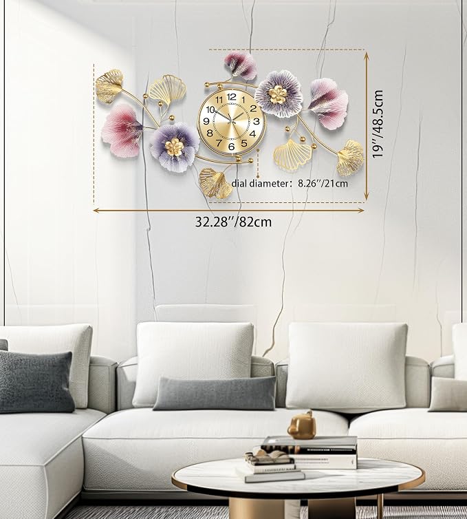 Wall Clocks for Living Room Decor, Large Wall Clock, 3D Creative Metal Ginkgo - Image 3
