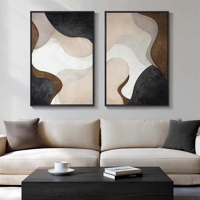 Large Framed Neutral Abstract Minimalist Wall Art Set of 2, Modern Canvas by Cuspin