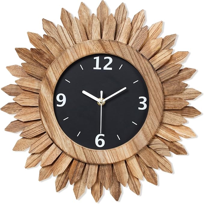 Honiway 14 Inch Wall Clock, Rustic Wood Boho Sunburst Decorative Wall Clocks by Honiway