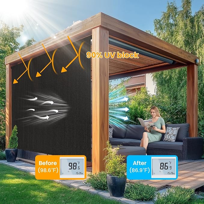 Custom Size Black Patio Shades Roll up Outdoor Roller Shade Crank Wand Blind - Image 2