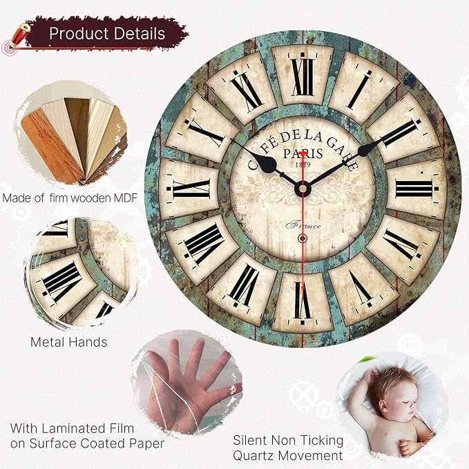 VIKMARI 14 Inch Wooden Wall Clock Battery Operated Retro Rustic Decorative Clock - Image 2