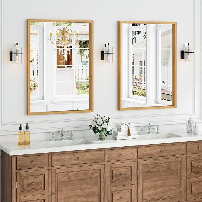 Syndra Natural Wood Frame Bathroom Mirror, 30x40'' Modern Vanity Mirror - Image 2