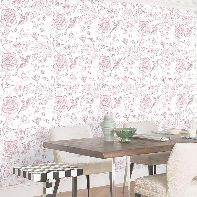 Yasinet Pink Floral Wallpaper Boho Peel and Stick Wallpaper Pink and White - Image 5