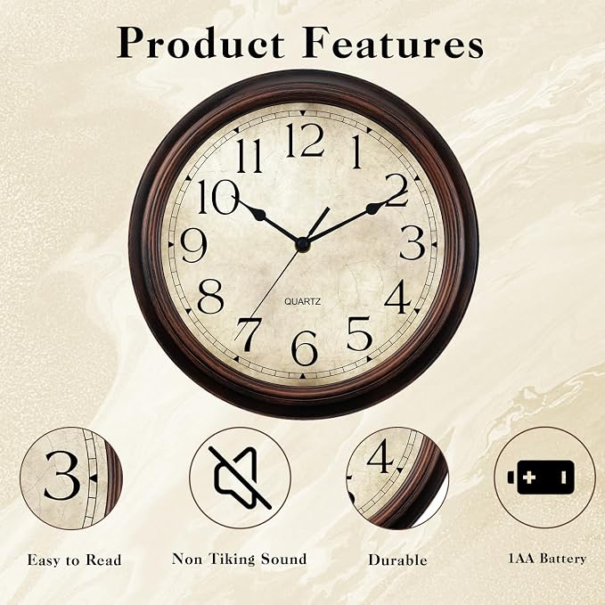 KECYET Wall Clock Battery Operated Vintage Silent Non-Ticking Analog Wall - Image 6