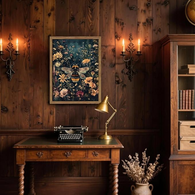 Vintage Framed Wall Art Bee Canvas Prints, Dark College Animals Flowers Wall - Image 2