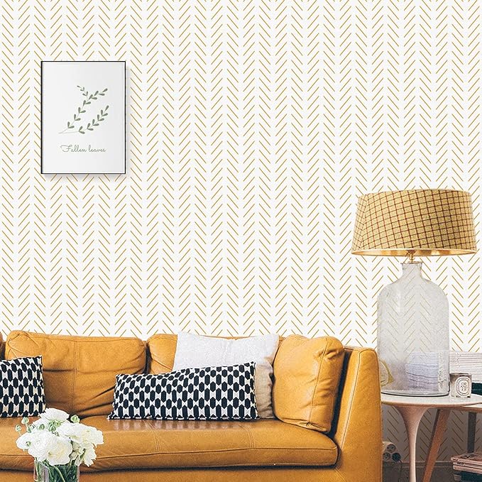 Erfoni Yellow and White Peel and Stick Wallpaper Modern Herringbone Wallpaper - Image 9