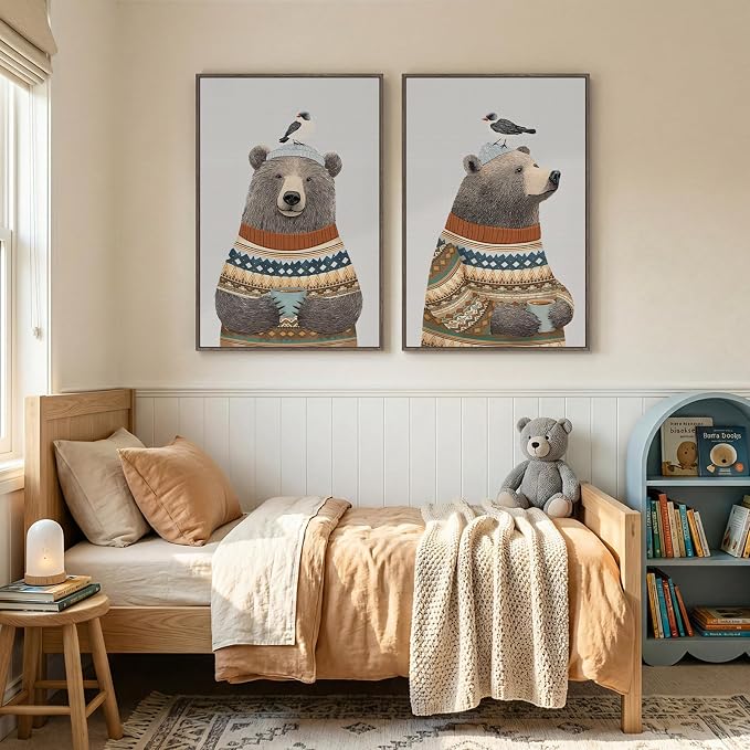 Framed Boho Animal Wall art for Nursery Decor, 2 Piece Rustic Bird Bear Canvas - Image 4