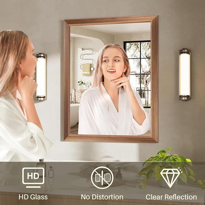 24x32 Inch Bathroom Mirror for Wall, Anti-Rust Walnut Wood Grain Metal Framed - Image 6