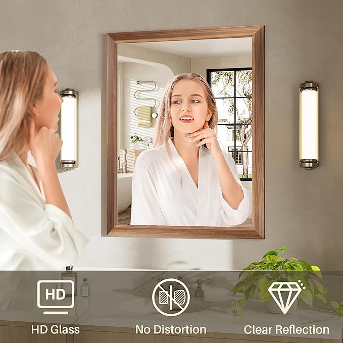 36x30 Inch Bathroom Mirror for Wall, Anti-Rust Walnut Wood Grain Metal Framed - Image 6