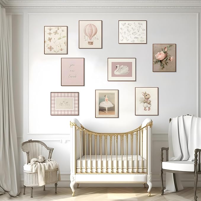 9pcs Nursery Pink Wall Art Baby Girl Canvas Wall Art Vintage Floral Prints Kids - Image 4