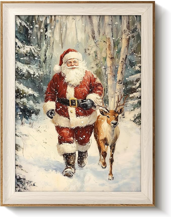 VIYYIEA Winter Framed Wall Art for Living Room, Santa Claus and Reindeer Canvas by VIYYIEAART