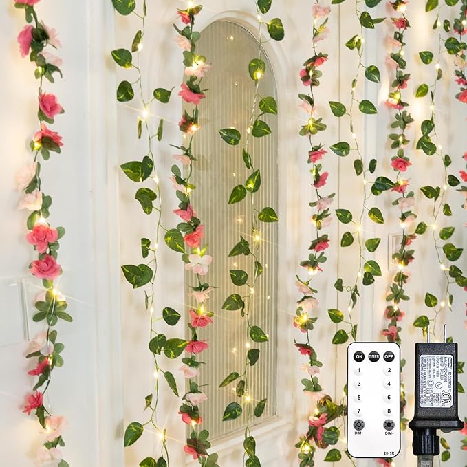 suddus 300 LED Artificial Flower Garland Pothos Vines Curtain Lights, Rose by SUDDUS