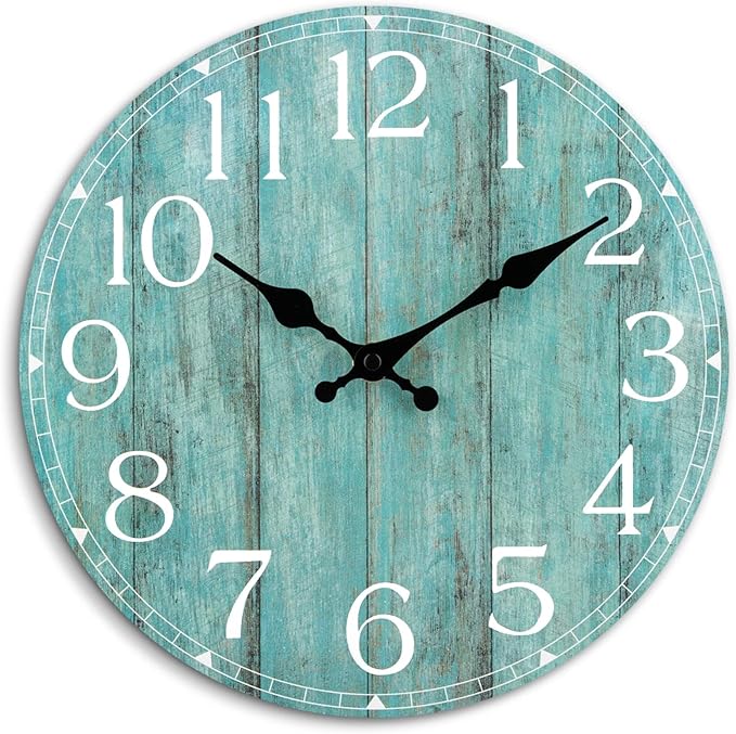 Wall Clock, Teal Silent Non-Ticking Battery Operated, Kitchen Rustic Vintage by HYLANDA