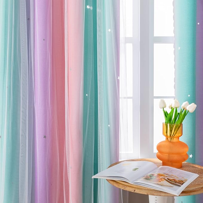XiDi Curtains for Bedroom Decor, Rainbow PinkPuGreen-62-84 - Image 3