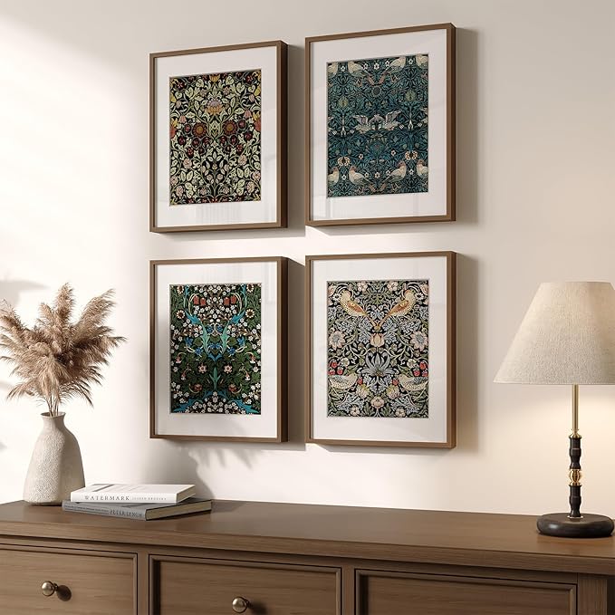 Framed William Morris Canvas Wall Art, 4 Piece Vintage Botanical Floral Bird by Cuspin