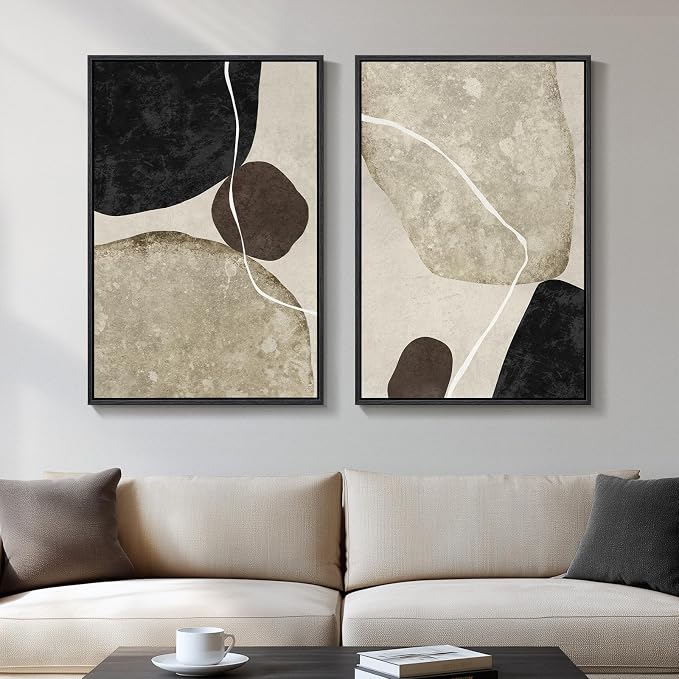 Framed Neutral Abstract Wall Art, 2 Piece Large Modern Black Beige Brown Canvas by Cuspin