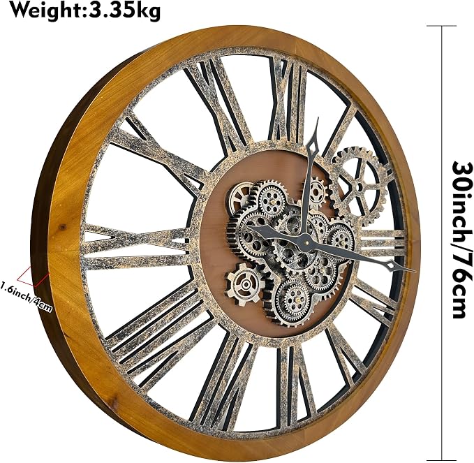 The B-Style Large Real Moving Gears Wall Clock 30 inch Rustic Retro Industrial - Image 4