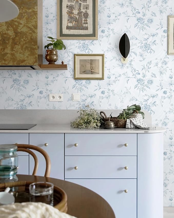 Ismoon Blue Wallpaper Peel and Stick Floral Vintage Stick on Wall Paper French - Image 3