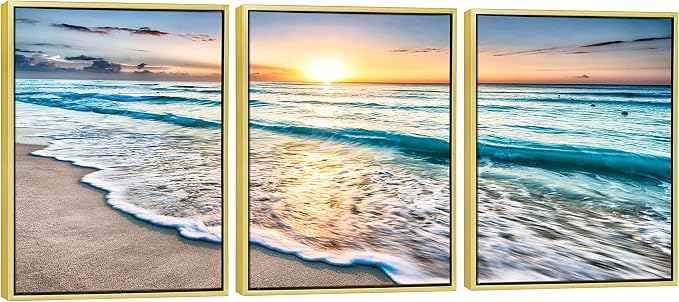 Wieco Art Framed Canvas Wall Art 3 Panel Blue Beach by WiecoArt