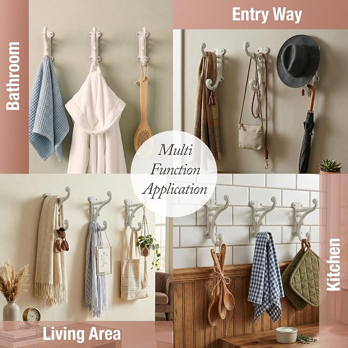 Rustic Cast Iron Coat Hooks Antique White, Wall Mounted, Farmhouse Decorative - Image 7