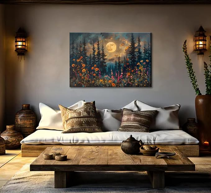 Full Moon Forest Canvas Wall Art Moonlit Pine Tree Mountains and Wildflowers - Image 2