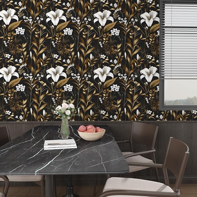 Laatse Black Gold Wallpaper Peel and Stick, Dark White Floral Vintage Contact - Image 8