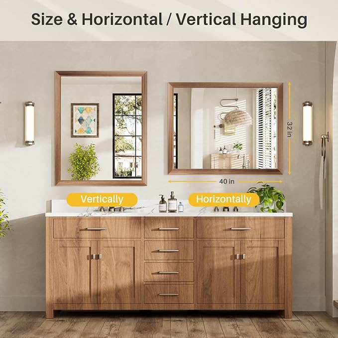 40x32 Inch Bathroom Mirror for Wall, Anti-Rust Walnut Wood Grain Metal Framed - Image 7