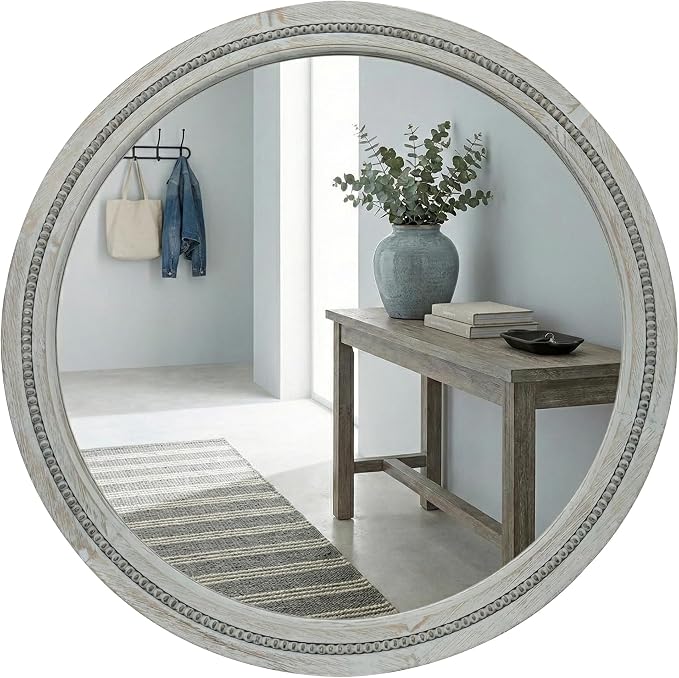 30 Inch Round Farmhouse Mirror for Bathroom Vanity, Distressed Grey Solid Wood by Pocetry