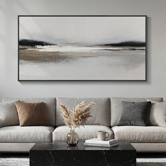 Large Framed Abstract Wall Art for Living Room, Horizontal Black and White by Cuspin