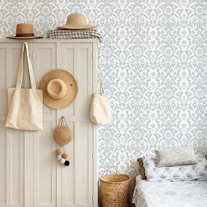 YXTII 17.3"×236.2" Blue Floral Peel and Stick Wallpaper, Damask Boho Wall Paper - Image 3