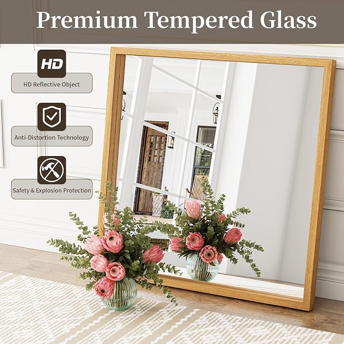 Syndra Square Natural Wood Frame Bathroom Mirror, Waterproof Slim Deep Frame - Image 7