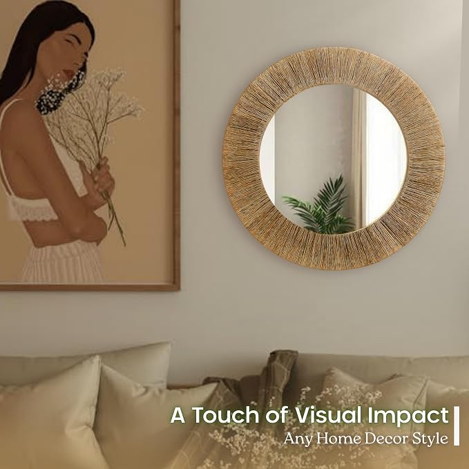Chi An Home 24 Inch Natural Jute Mirror, Wall Mounted Round Mirror - Image 8