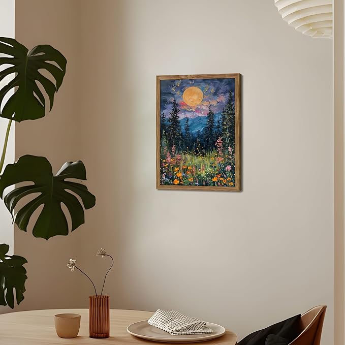 Framed Nature Forest Canvas Wall Art, Full Moon above Wildflowers and Woodland - Image 2