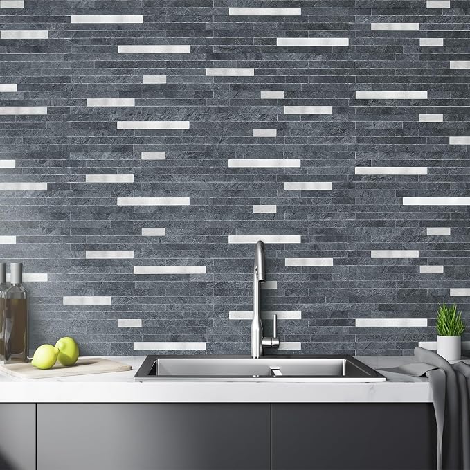 AULIGET 20 Sheets Black Slate Peel and Stick Backsplash, PVC Mixed Metal Silver - Image 4