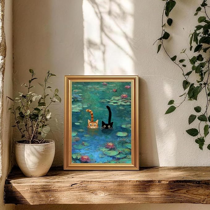 Fantasy Artists Gold Framed Wall Art Prints, Two Swimming Cats in Lotus Pond - Image 4