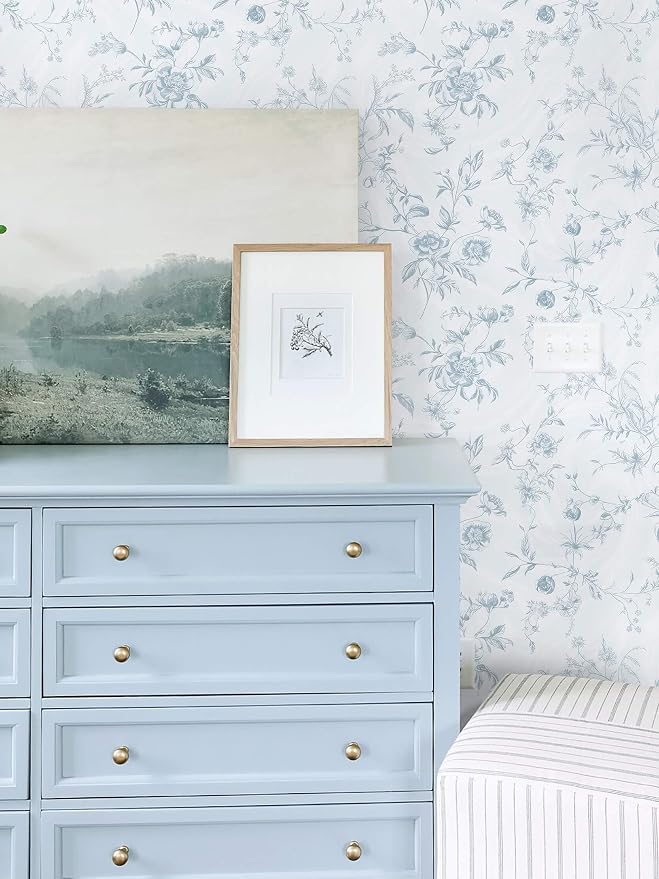 Ismoon Blue Wallpaper Peel and Stick Floral Vintage Stick on Wall Paper French - Image 2