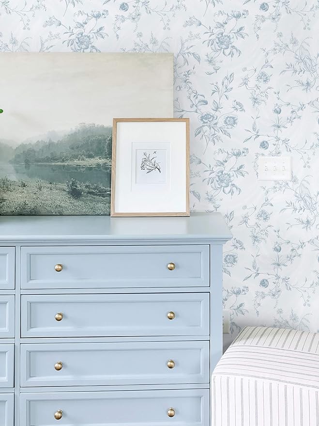 Ismoon Blue Wallpaper Peel and Stick Floral Vintage Stick on Wall Paper French - Image 3