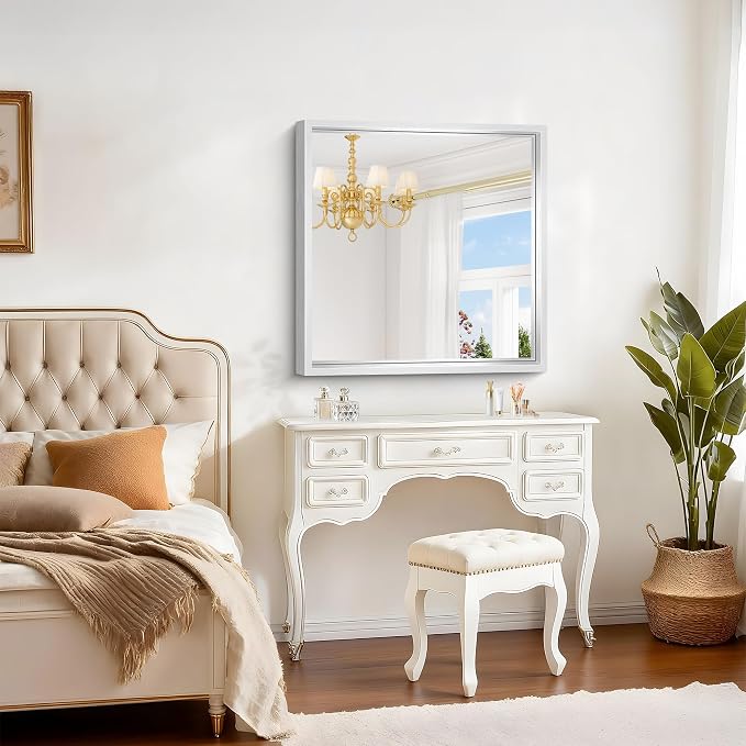 30 x 30 Silver Bathroom Mirror, Brushed Silver Square Mirror - Image 3