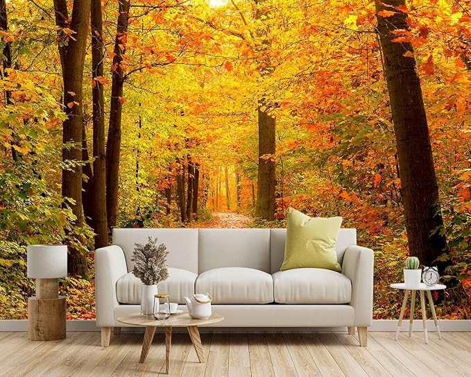-Autumn Gold Forest Jungle Tree Fabric Wallpaper Living Room Bedroom Bathroom - Image 2