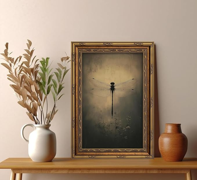 Vintage Gold Framed Wall Art Retro Dark Dragonfly Painting Canvas Prints Gothic - Image 7