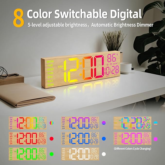 HAITANG 16.2" Large Digital Clock， 8 Colors Decorative Wood Wall Clock - Image 4