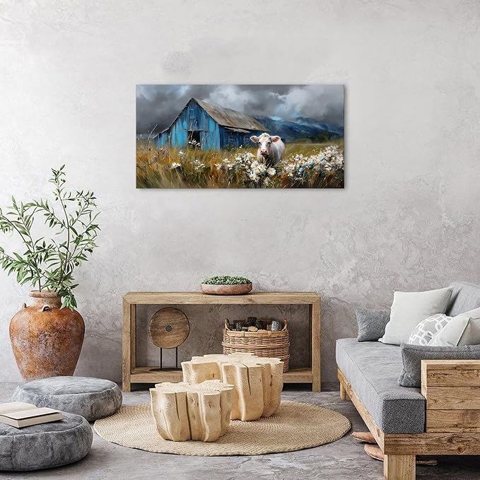 Farmhouse Barn Wall Art Cow Pictures Wall Decor Rustic Blue Barn Landscape - Image 4