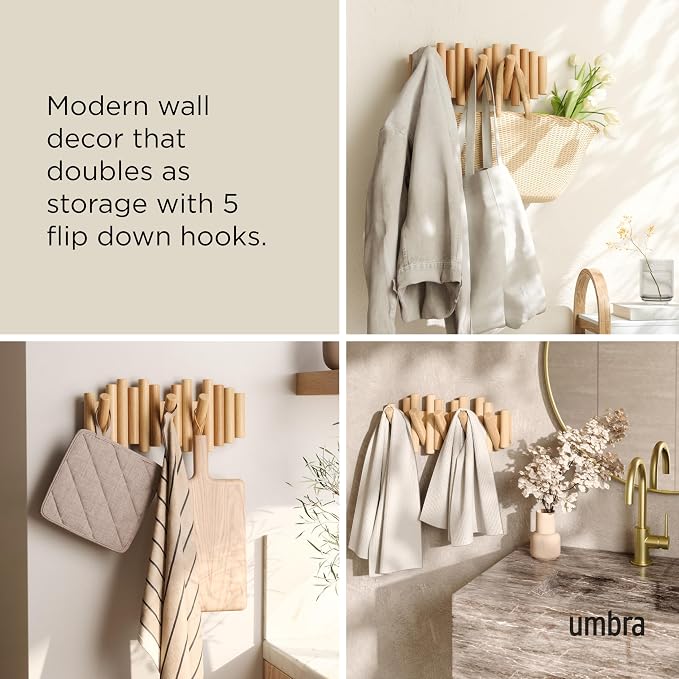Umbra Picket Coat Rack Wall Mount – 5 Flip-Down Wood Coat Hooks, Modern & - Image 4