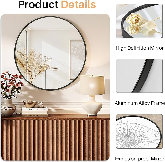 Bathroom Mirror for Wall, 30 Inch Round Mirror, Matte Black Metal Framed Circle - Image 4