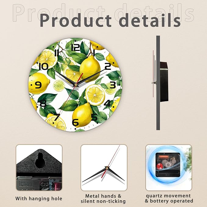 Wall Clock, Watercolor Lemon Wall Clock Silent Non-Ticking Battery Operated - Image 3