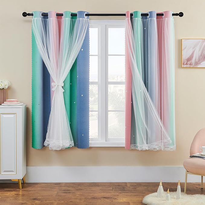 XiDi Curtains for Bedroom Decor, Rainbow Pinkgreen grey52/54 - Image 2