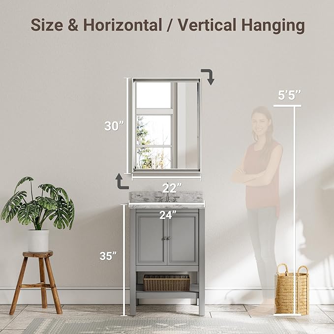 Silver Bathroom Mirror, 22x30 Inch Beveled Rectangle Wall Mounted Mirror - Image 5