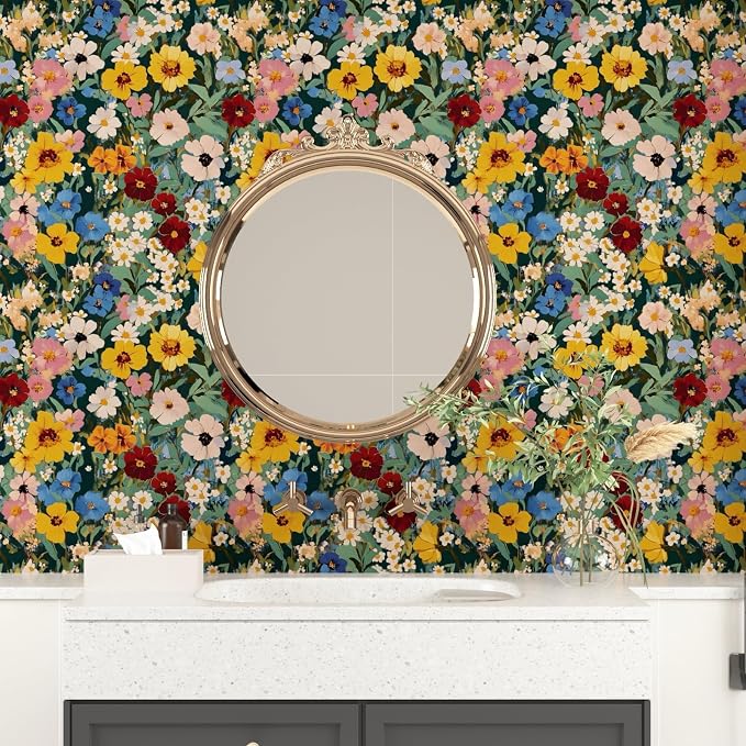 BOKEBEVE Watercolour Floral Peel and Stick Wallpaper Colorful Boho Contact - Image 3