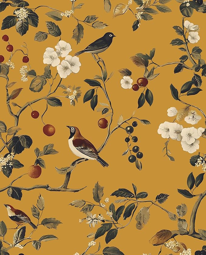 Laatse Vintage Bird Wallpaper 17.5"x393" Yellow Chinoiserie Floral Wallpaper by Laatse